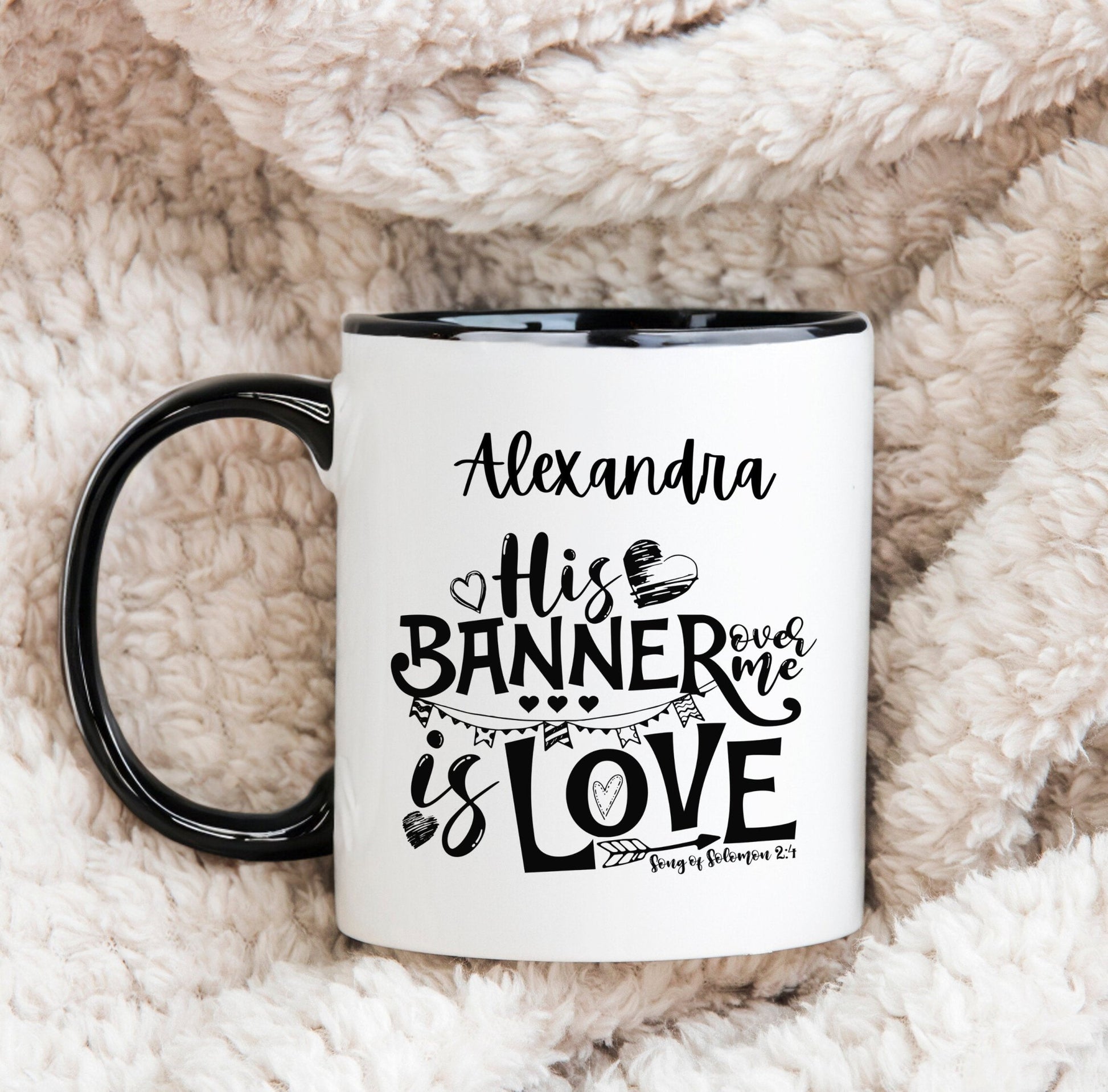His banner over me is love; Personalise this mug by adding your name - BoundlessLoveStore - Black -friend -Christian mug gift