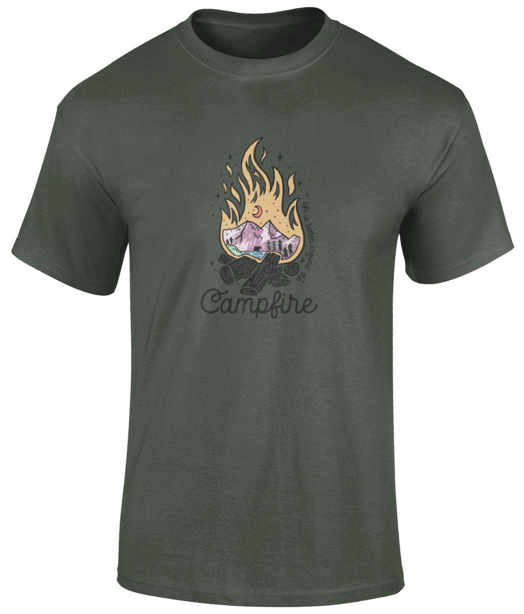 Life is better around the campfire T-Shirt, Graphic Unisex Tee - BoundlessLoveStore - Military Green - Small - artisan print