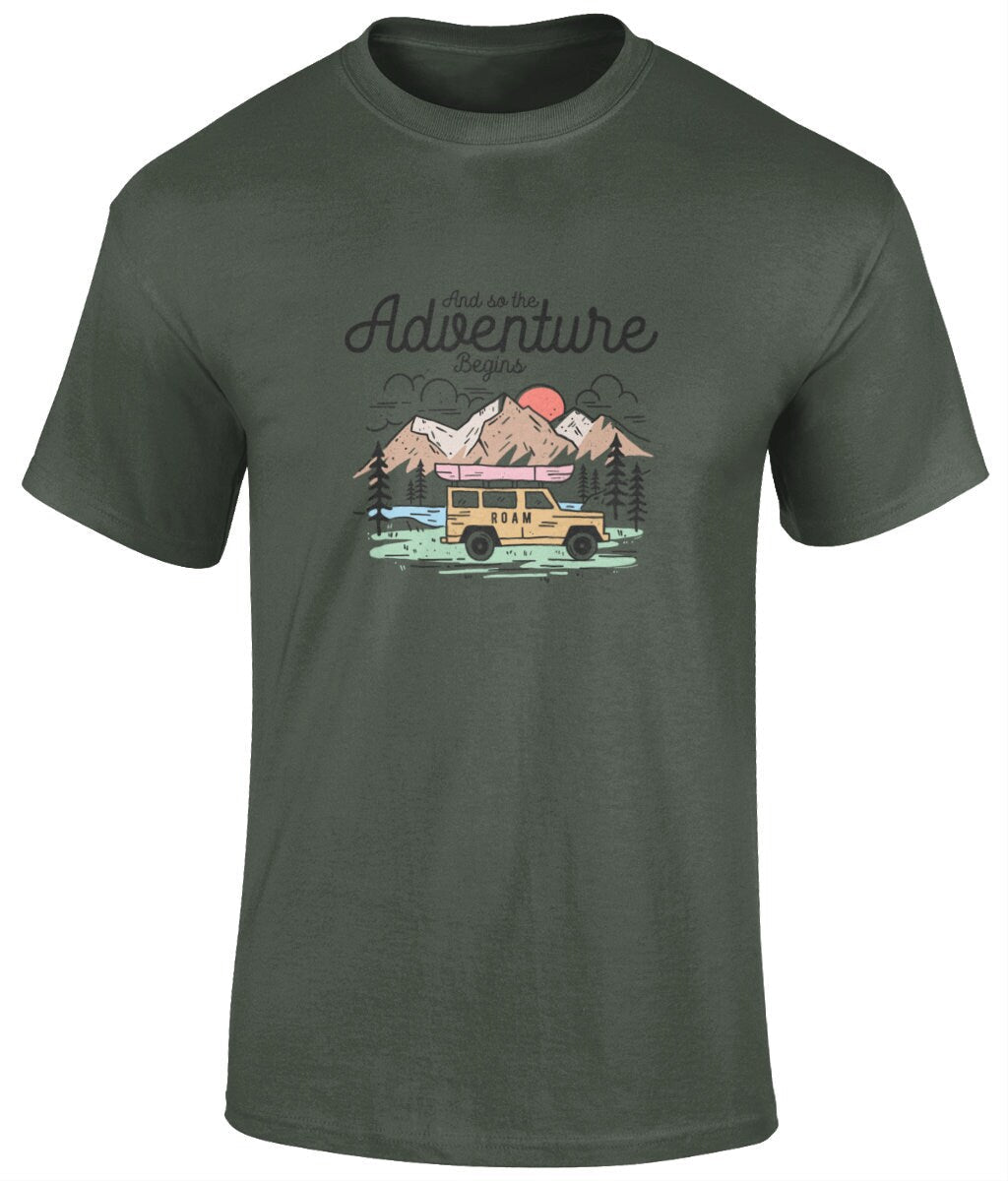 And the adventure begins T-Shirt, Graphic Unisex T Shirt - BoundlessLoveStore - military green- Small - artisan print - beach