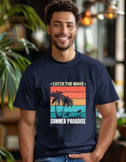 Catch the waves summer paradise T-Shirt, Graphic T Shirt, Unisex Tee - BoundlessLoveStore - Navy - Small - artisan print