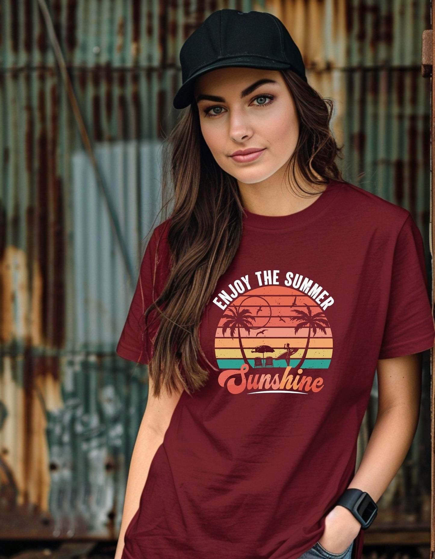 Enjoy the summer sunshine T-Shirt, Graphic Unisex Tee - BoundlessLoveStore - Maroon - Small - artisan print - beach vibes