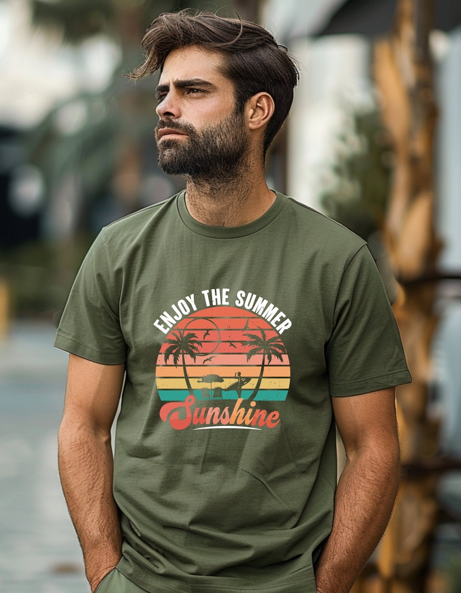 Enjoy the summer sunshine T-Shirt, Graphic Unisex Tee - BoundlessLoveStore - Military Green - Small - artisan print - beach