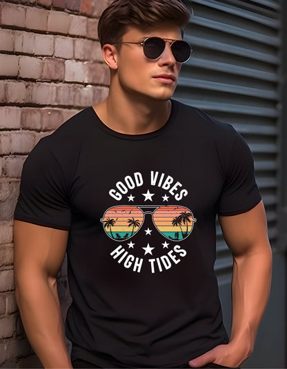 Good vibes high tides T-Shirt, Graphic Unisex Tee - BoundlessLoveStore - Black - Small - artisan print - beach vibes