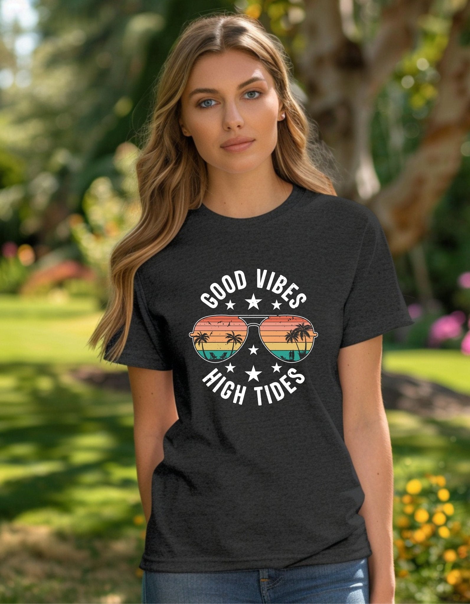 Good vibes high tides T-Shirt, Graphic Unisex Tee - BoundlessLoveStore - Charcoal - Small - artisan print - beach vibes