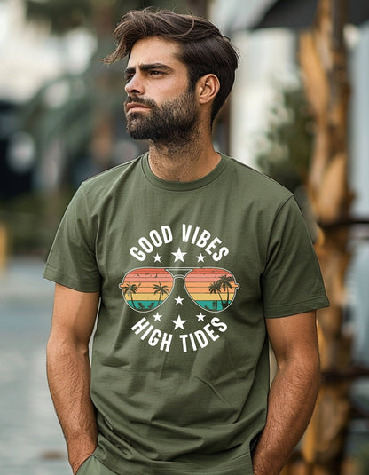 Good vibes high tides T-Shirt, Graphic Unisex Tee - BoundlessLoveStore - Military Green - Small - artisan print - beach vibes