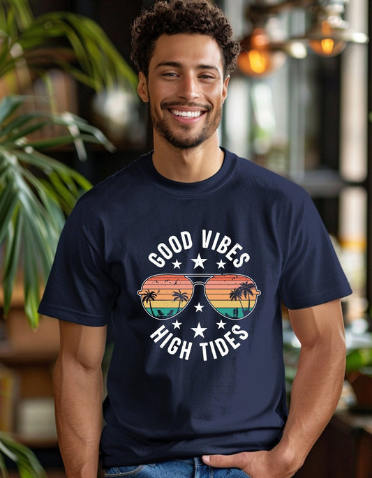 Good vibes high tides T-Shirt, Graphic Unisex Tee - BoundlessLoveStore - Navy - Small - artisan print - beach vibes