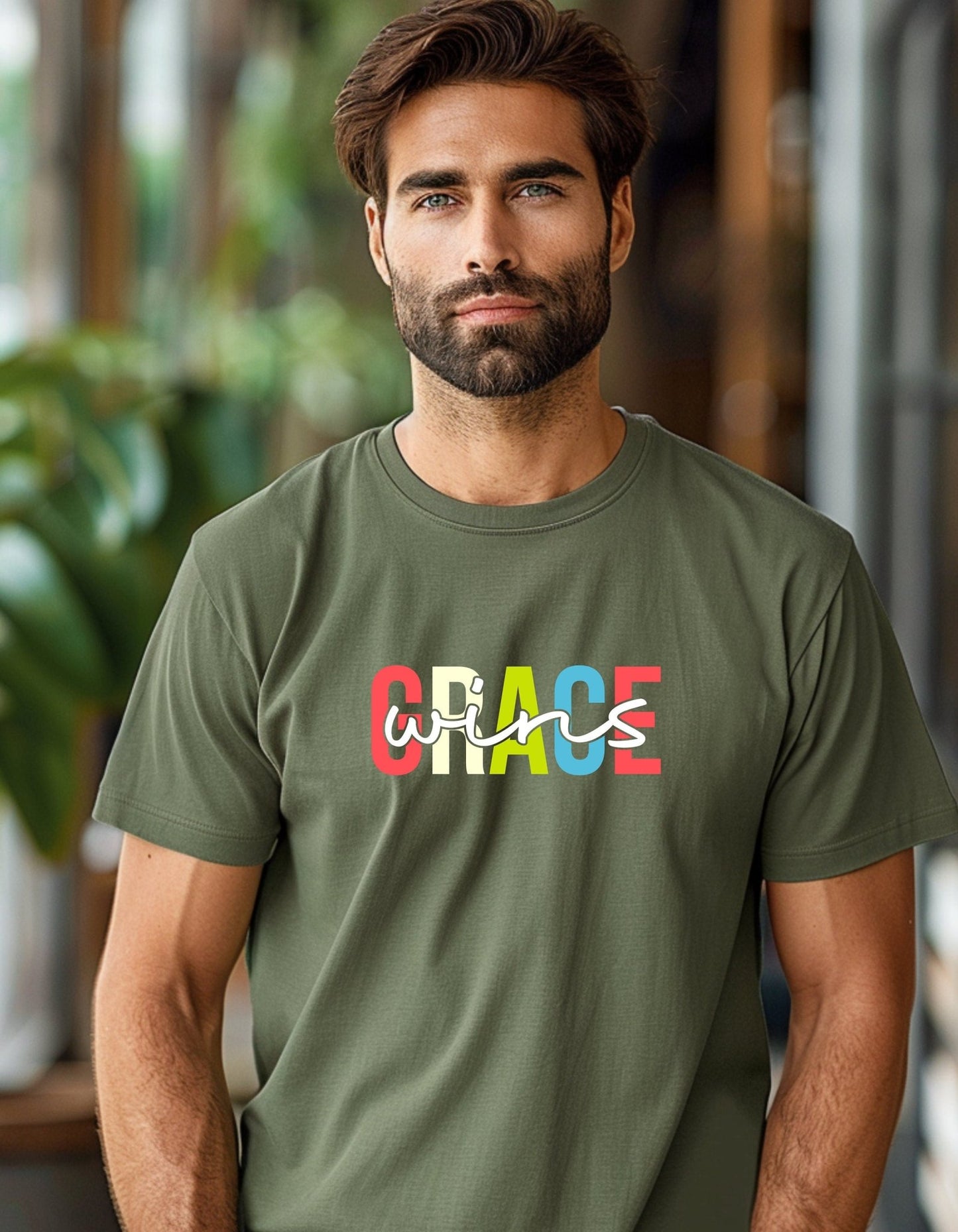 Grace wins Unisex Christian T- Shirt, Faith T-Shirts - BoundlessLoveStore - Military Green - Small