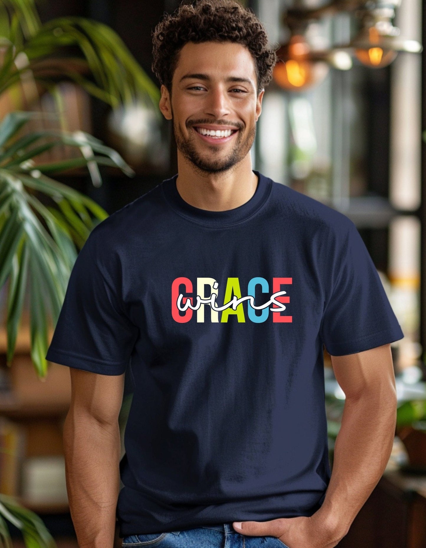 Grace wins Unisex Christian T- Shirt, Faith T-Shirts - BoundlessLoveStore - Navy - Small