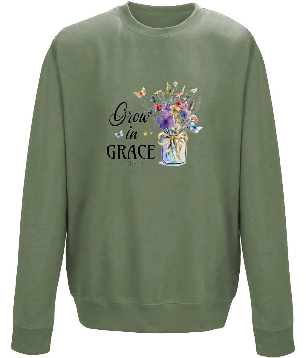 Grow In Grace unisex crew neck sweatshirt - BoundlessLoveStore - X-Small - Earthy Green - Christian Sweatshirt - Clothing