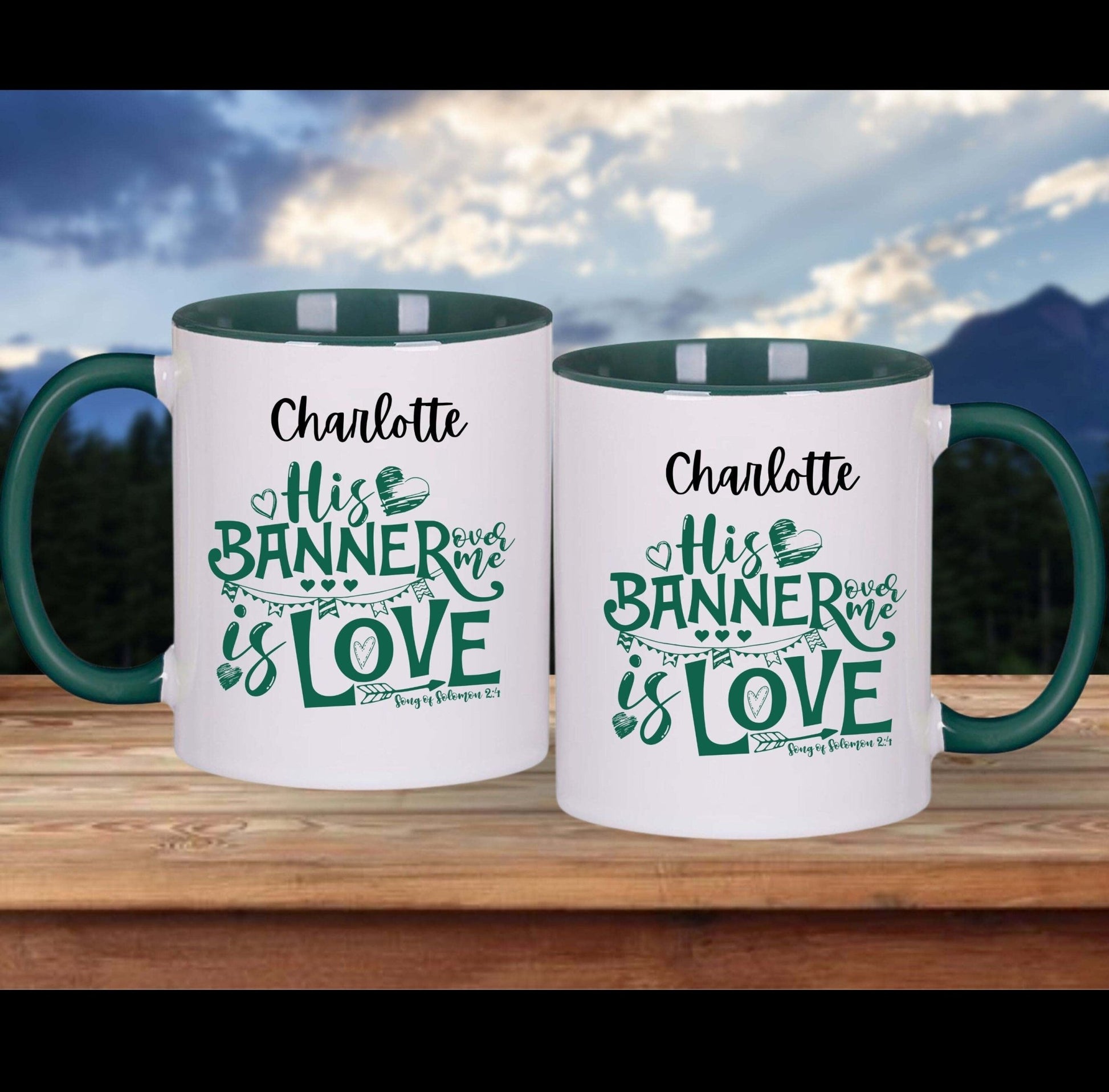 His banner over me is love; Personalise this mug by adding your name - BoundlessLoveStore - Blue - friend -Christian mug gift