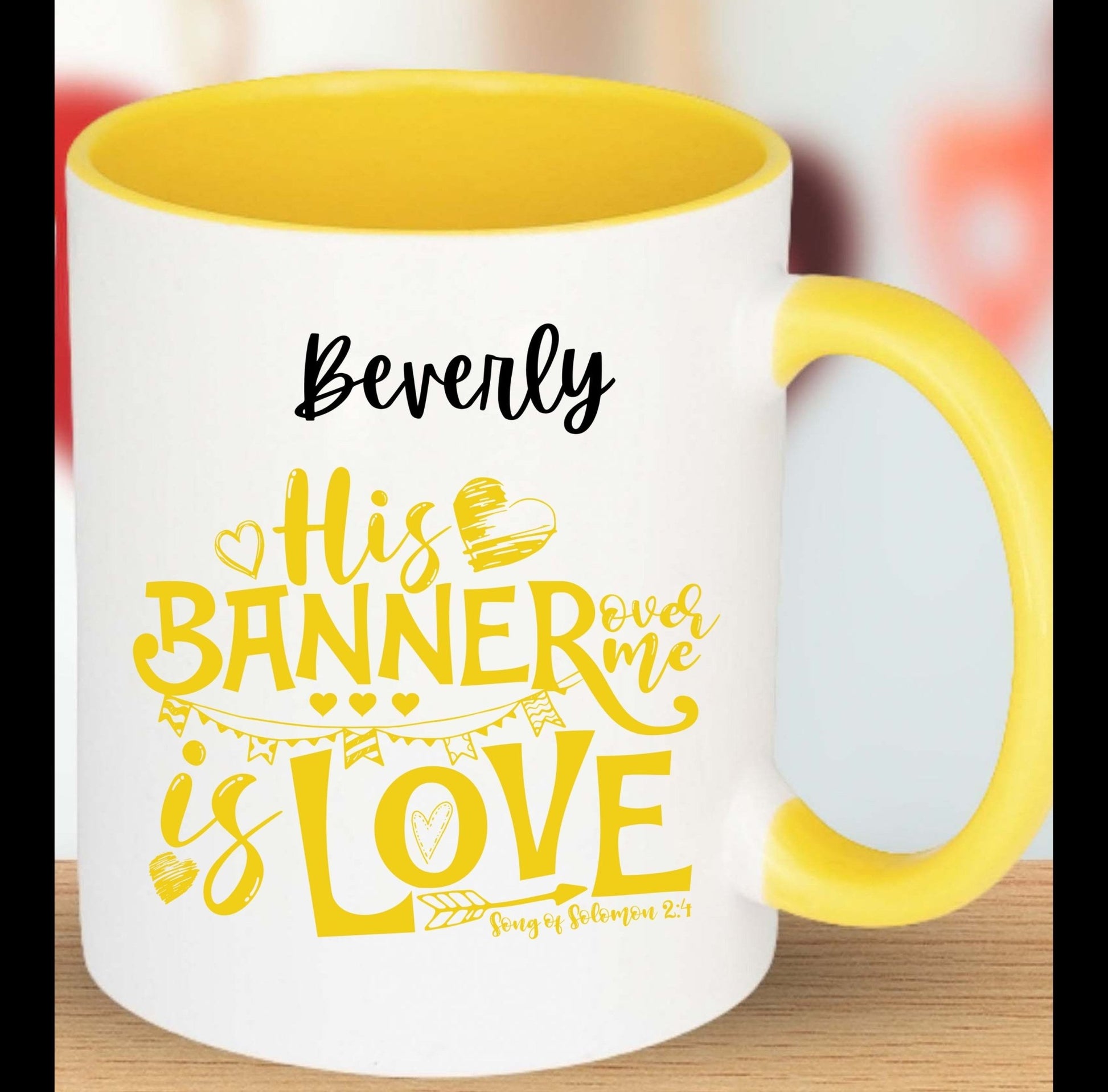 His banner over me is love; Personalise this mug by adding your name - BoundlessLoveStore - Yellow -friend-Christian mug gift