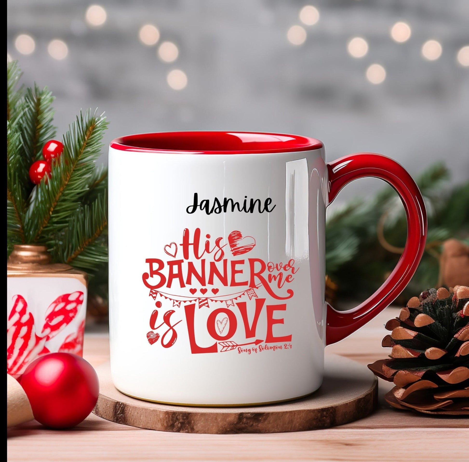 His banner over me is love; Personalise this mug by adding your name - BoundlessLoveStore -Red - friend - Christian mug gift