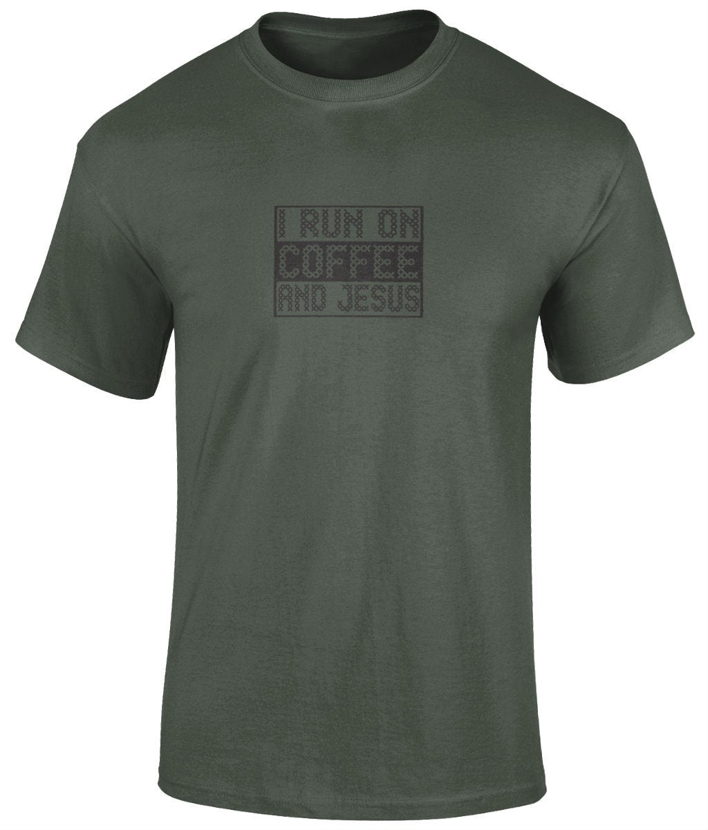 I Run On Coffee And Jesus Unisex T-Shirt, Faith T-Shirts -BoundlessLoveStore -Military green Christian t shirts Christian tee