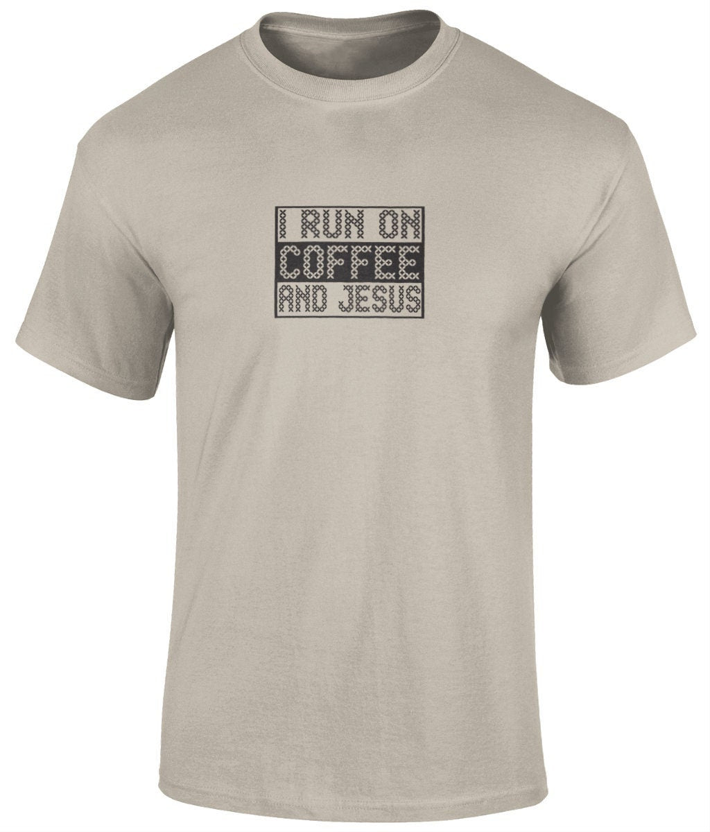 I Run On Coffee And Jesus Unisex T-Shirt, Faith T-Shirts - BoundlessLoveStore - Sand - Christian t shirts - Christian tee