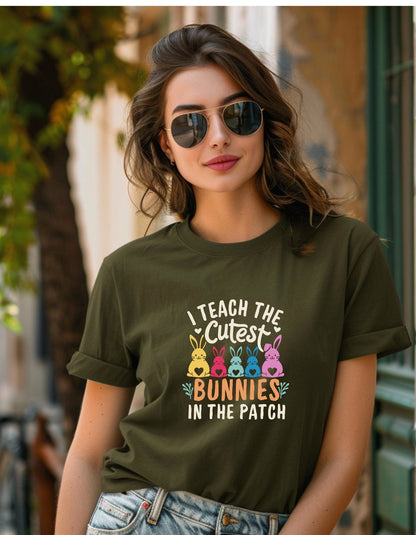 I Teach The Cutest Bunnies In The Patch Tee Shirt, Funny Unisex T- Shirt - BoundlessLoveStore - Military Green - Small -