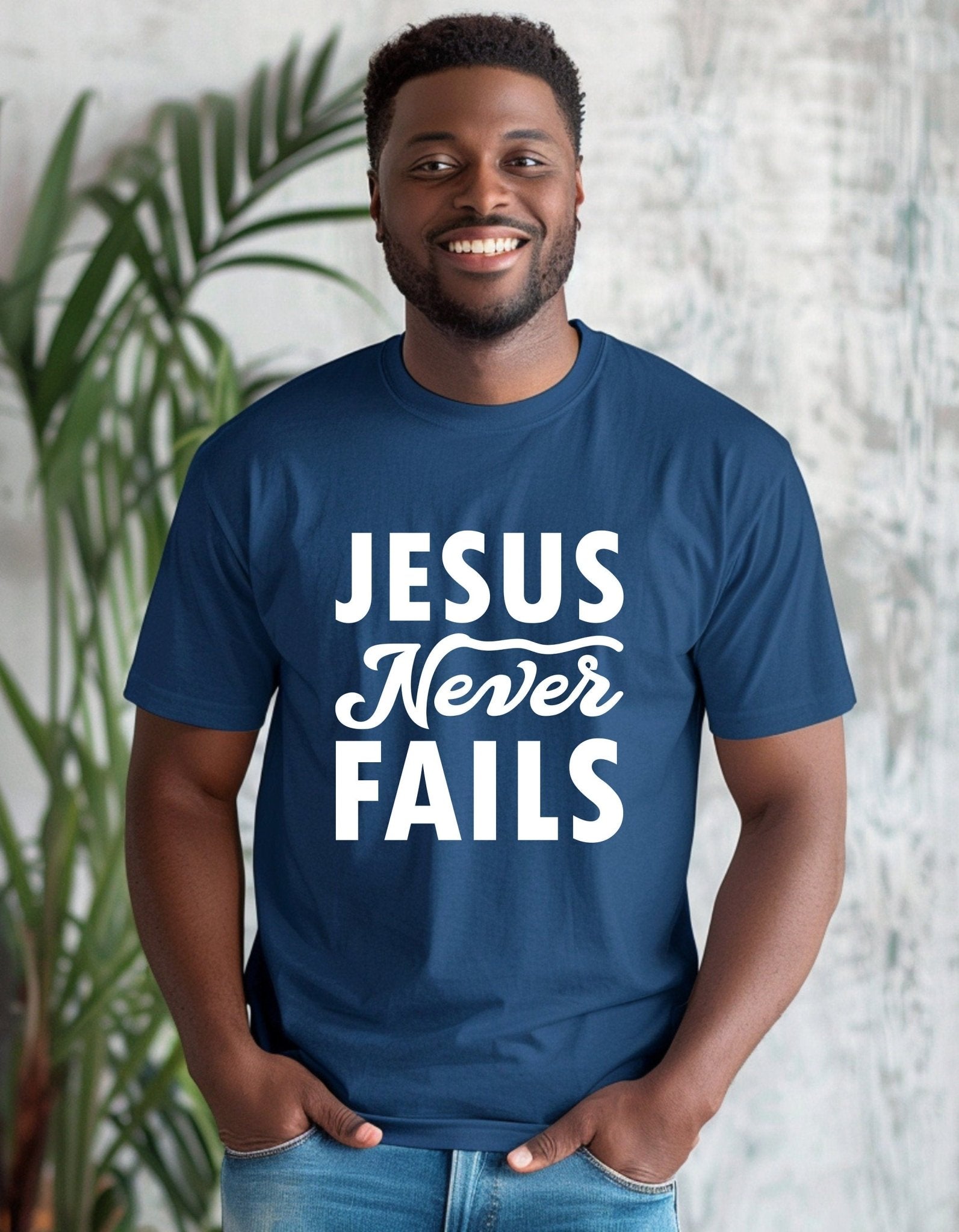 Jesus Never Fails Unisex T-Shirt, Faith T-Shirts - BoundlessLoveStore - Indigo blue Christian t shirts - Christian tee