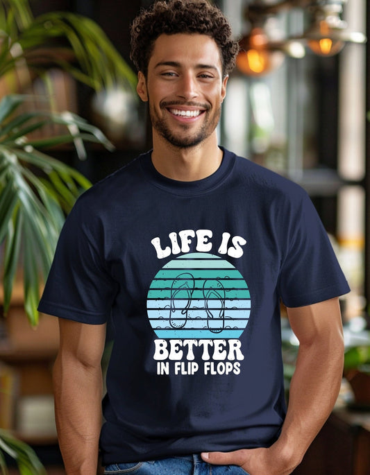 Life is better in flipflops T-Shirt, Graphic Unisex Tee - BoundlessLoveStore - Navy - Small - artisan print - beach vibes