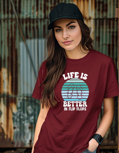 Life is better in flipflops T-Shirt, Graphic Unisex Tee - BoundlessLoveStore - Maroon - Small - artisan print - beach vibes