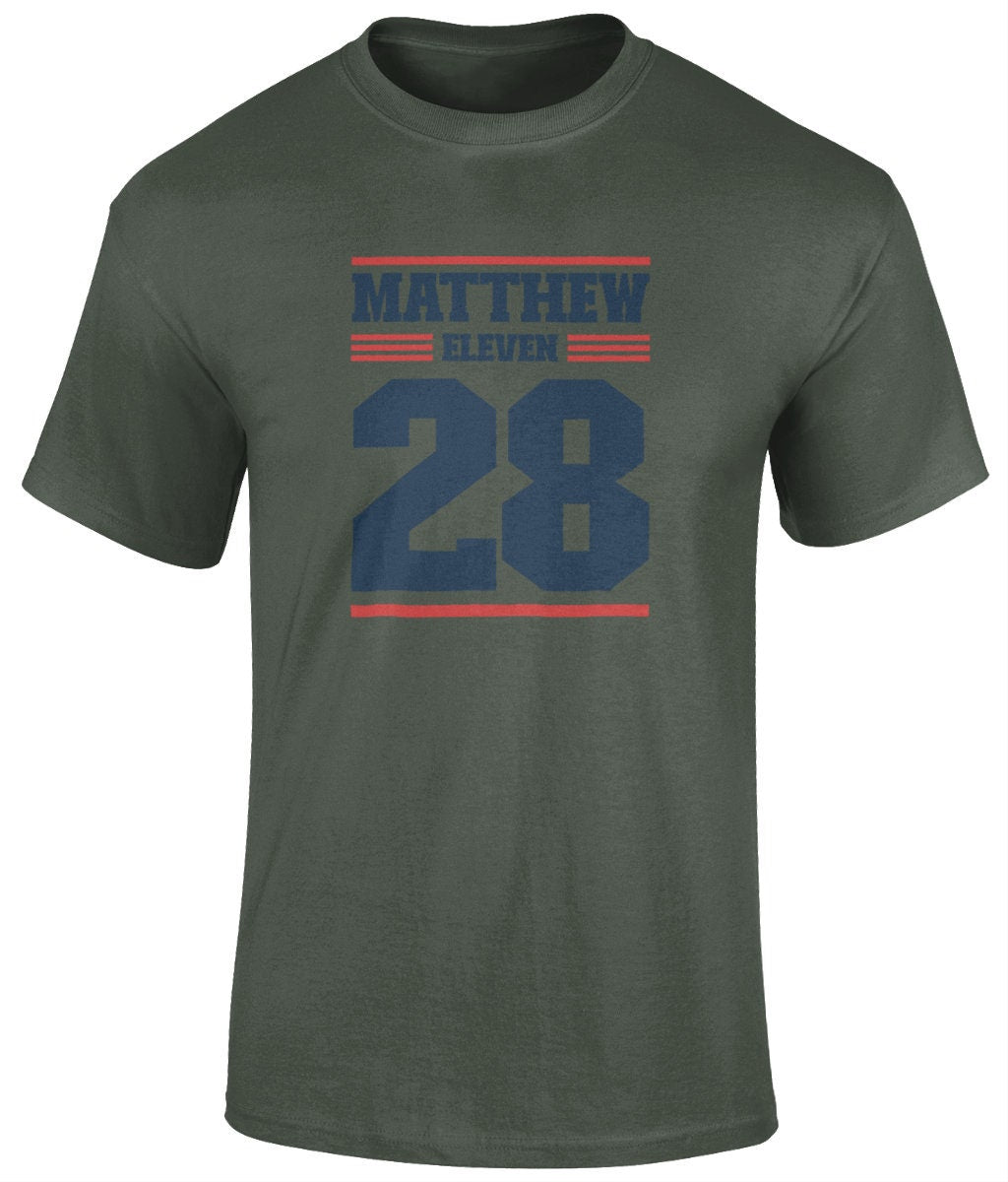 Matthew 11:28 Unisex T-Shirt, Faith T-Shirts - BoundlessLoveStore - Military Green -Small - christian t shirts -christian tee