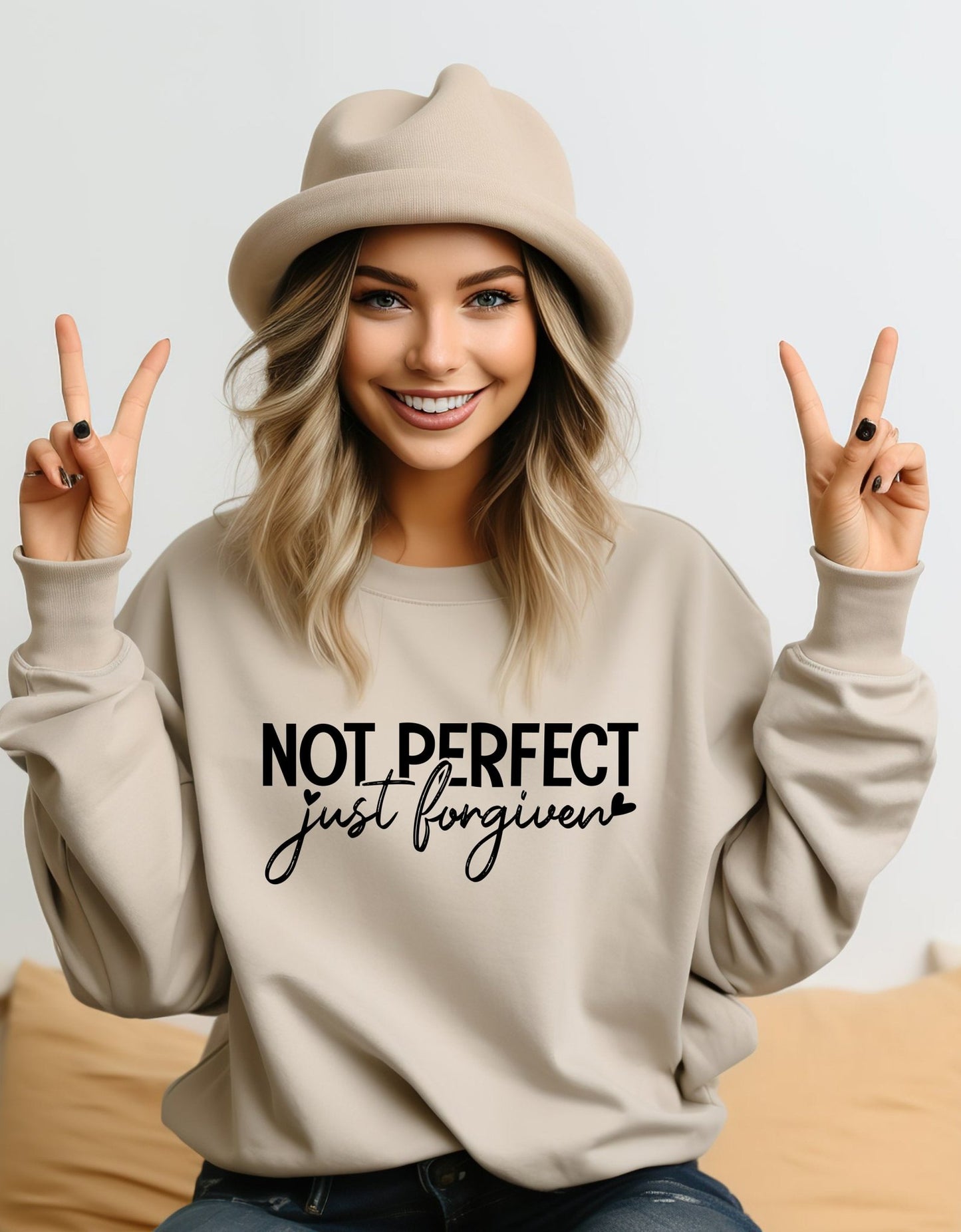 Not Perfect Just Forgiven unisex sweatshirt - BoundlessLoveStore - X-Small - Desert Sand - Christian Sweatshirt - Clothing