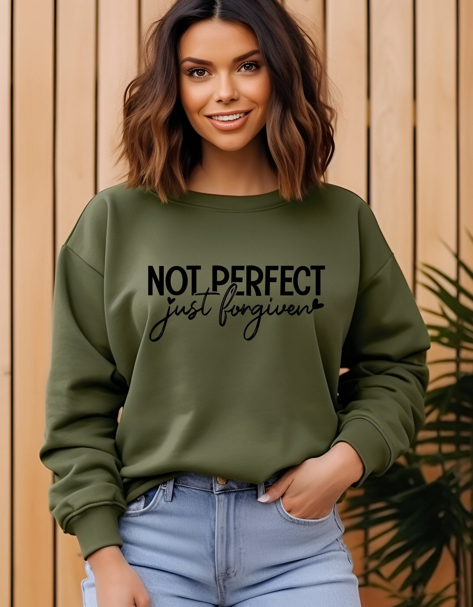 Not Perfect Just Forgiven unisex  sweatshirt - BoundlessLoveStore - X-Small - Earthy Green - Christian Sweatshirt - Clothing