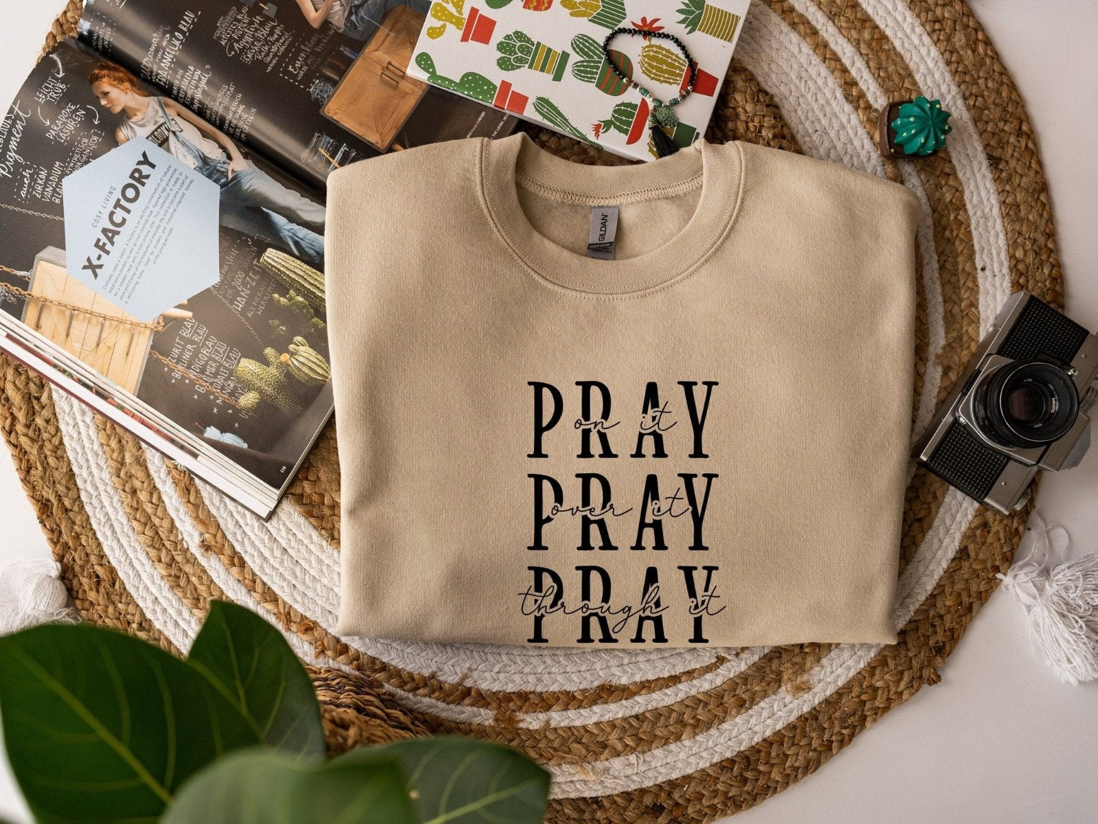 Pray On It Over It Through It unisex  sweatshirt - BoundlessLoveStore - X-Small - Desert Sand - Christian Sweatshirt