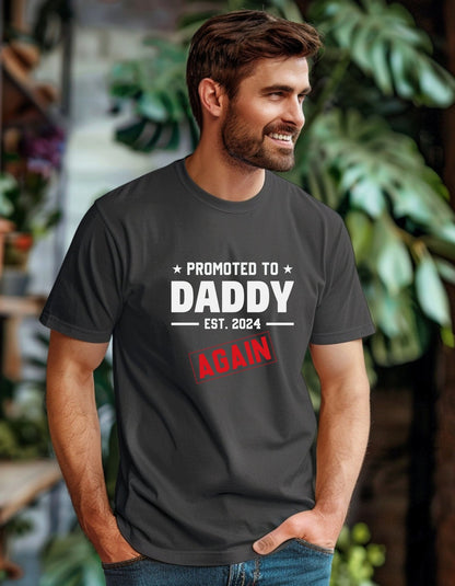 Promoted To Daddy Est. 2024 Again T-Shirt, Father's Day Gift - BoundlessLoveStore - Charcoal - Small - Clothing -