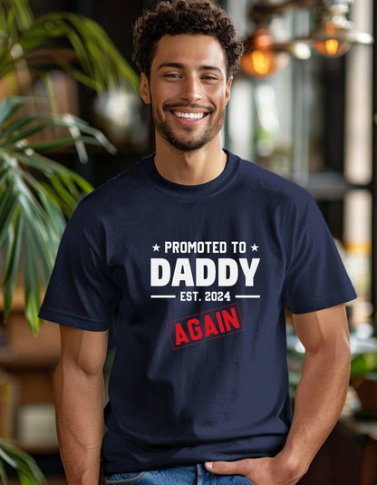 Promoted To Daddy Est. 2024 Again T-Shirt, Father's Day Gift - BoundlessLoveStore - Navy - Small - Clothing - cool dad shirt