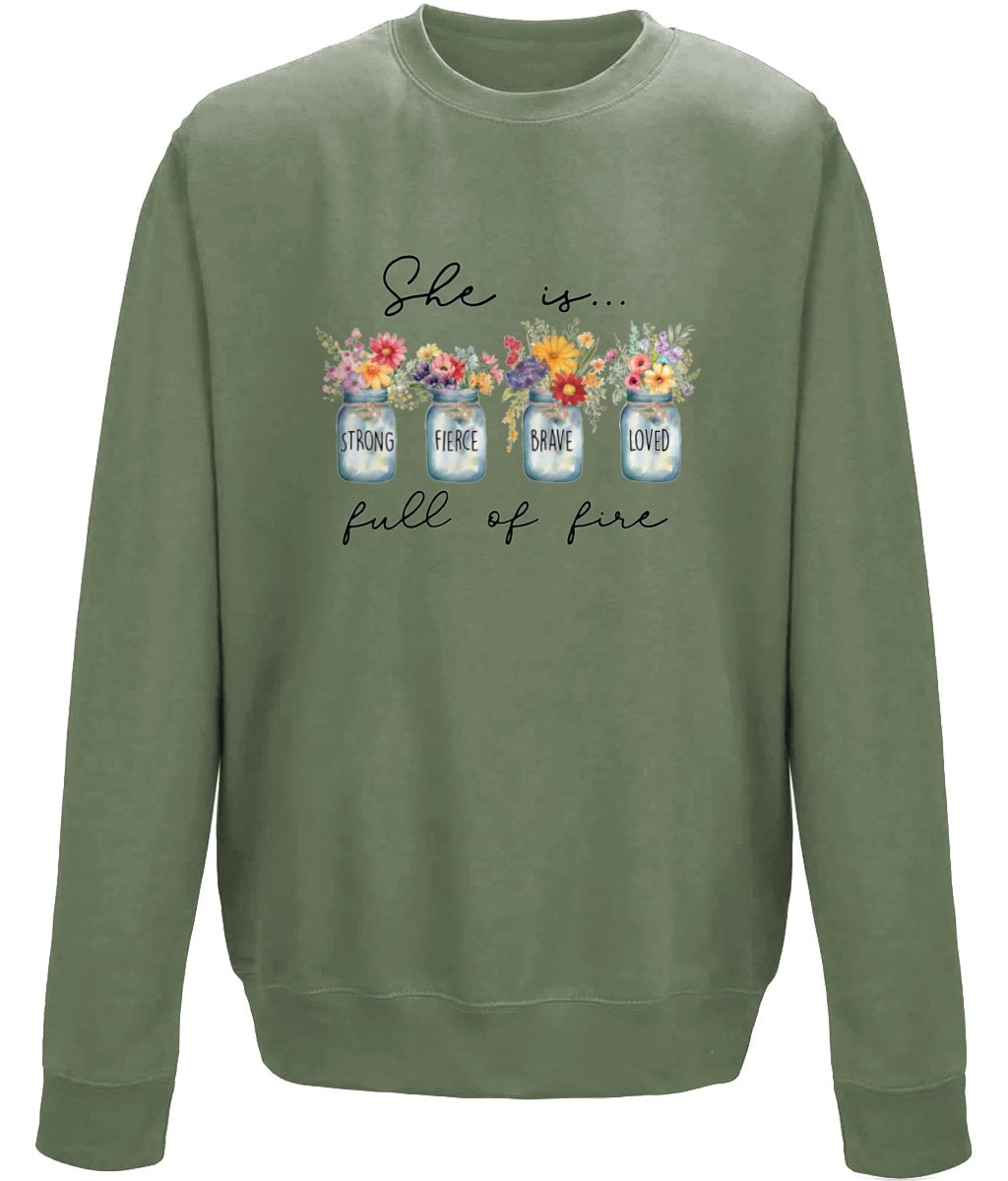 She is Brave Fierce Loved unisex sweatshirt - BoundlessLoveStore - X-Small - Earthy Green - Christian Sweatshirt - Clothing