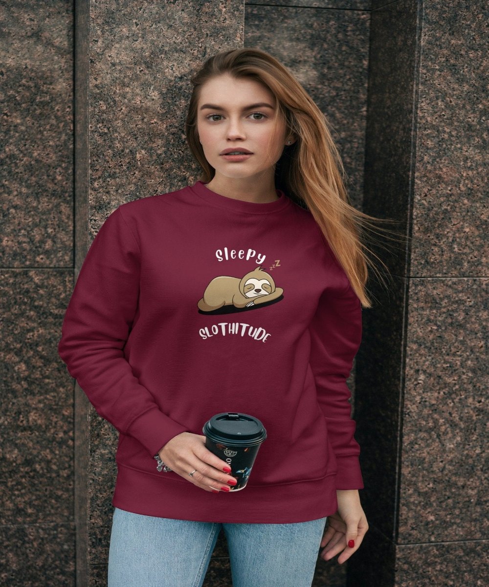 Sleepy Slothitude Unisex Crew Neck Sweatshirt - BoundlessLoveStore - Maroon - S - Clothing - College Sweatshirt