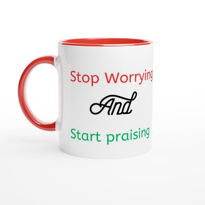 Stop worrying and start praising mug - BoundlessLoveStore - Red - birthday gift friend - Christian mug gift