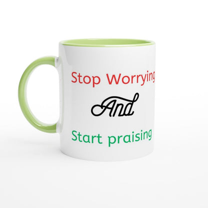 Stop worrying and start praising mug - BoundlessLoveStore - Green - birthday gift friend - Christian mug gift