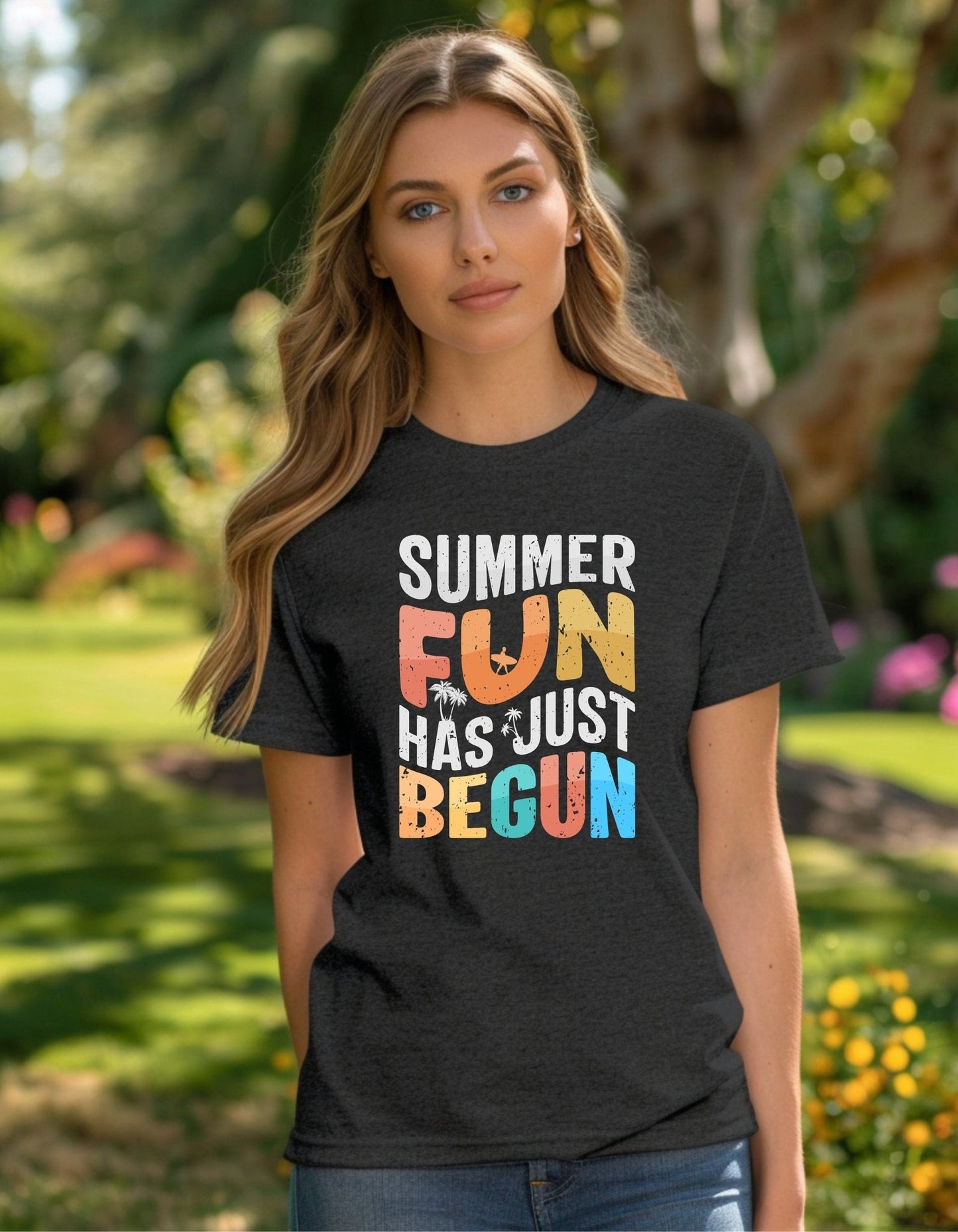 Summer Fun Has Just Begun T-Shirt, Graphic Unisex Tee - BoundlessLoveStore - Charcoal - Small - artisan print - beach vibes