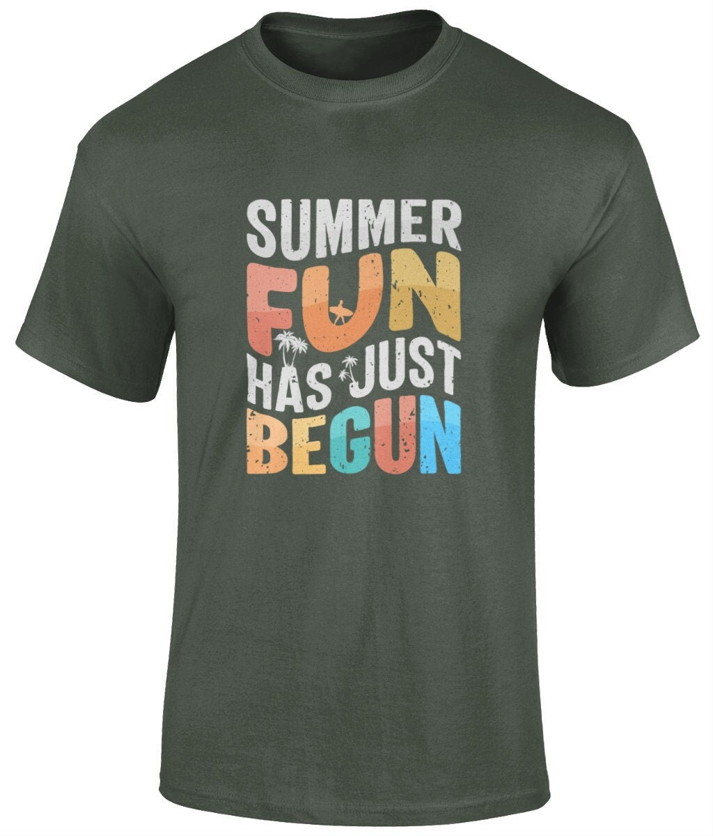 Summer Fun Has Just Begun T-Shirt, Graphic Unisex Tee - BoundlessLoveStore - Military Green - Small - artisan print - beach