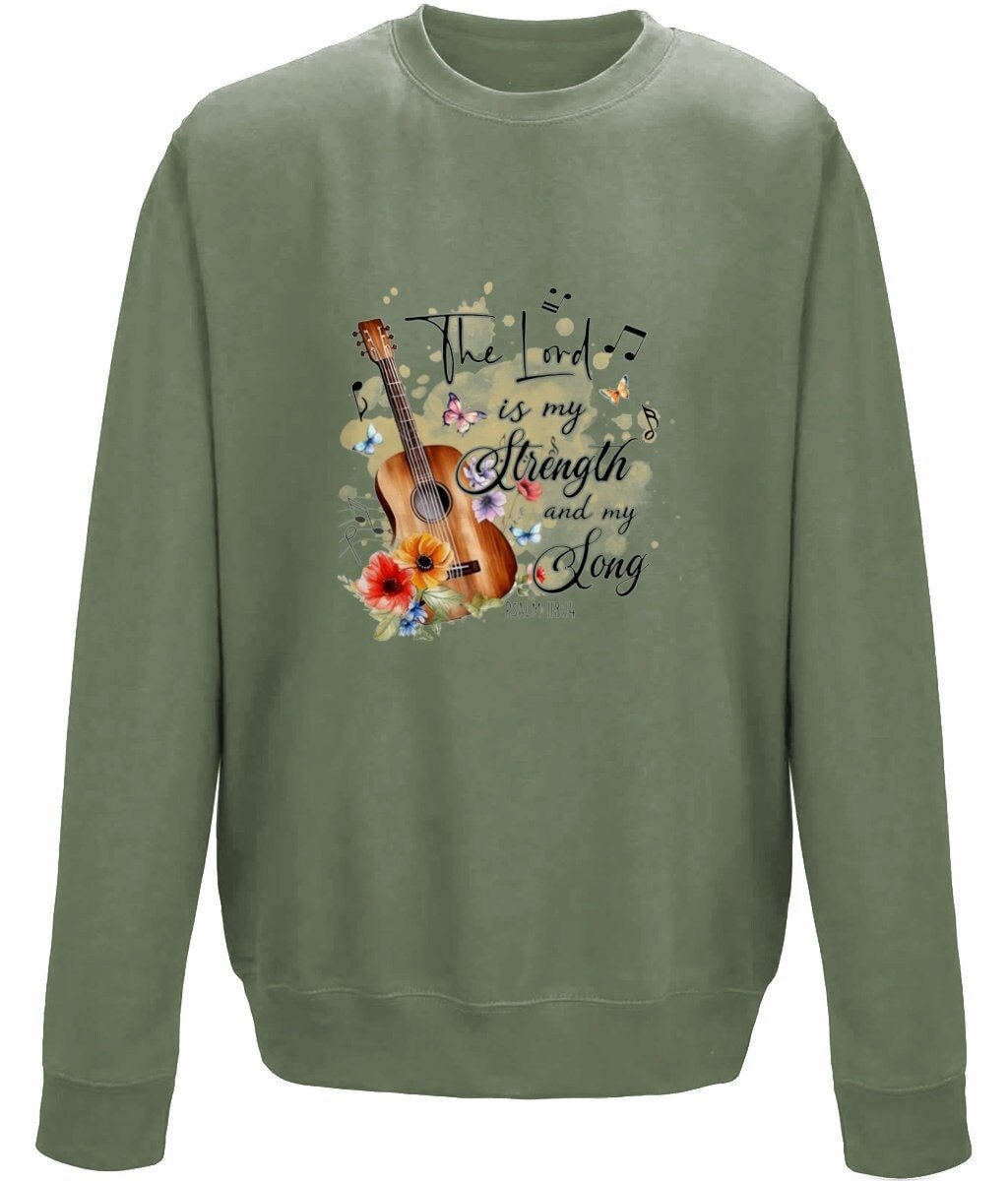 The Lord Is My Strength and Song unisex k sweatshirt - BoundlessLoveStore - X-Small - Earthy Green - Christian Sweatshirt